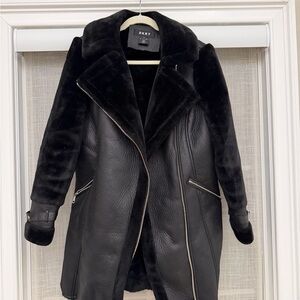 DKNY Women's Black Leather Jacket with Faux Fur